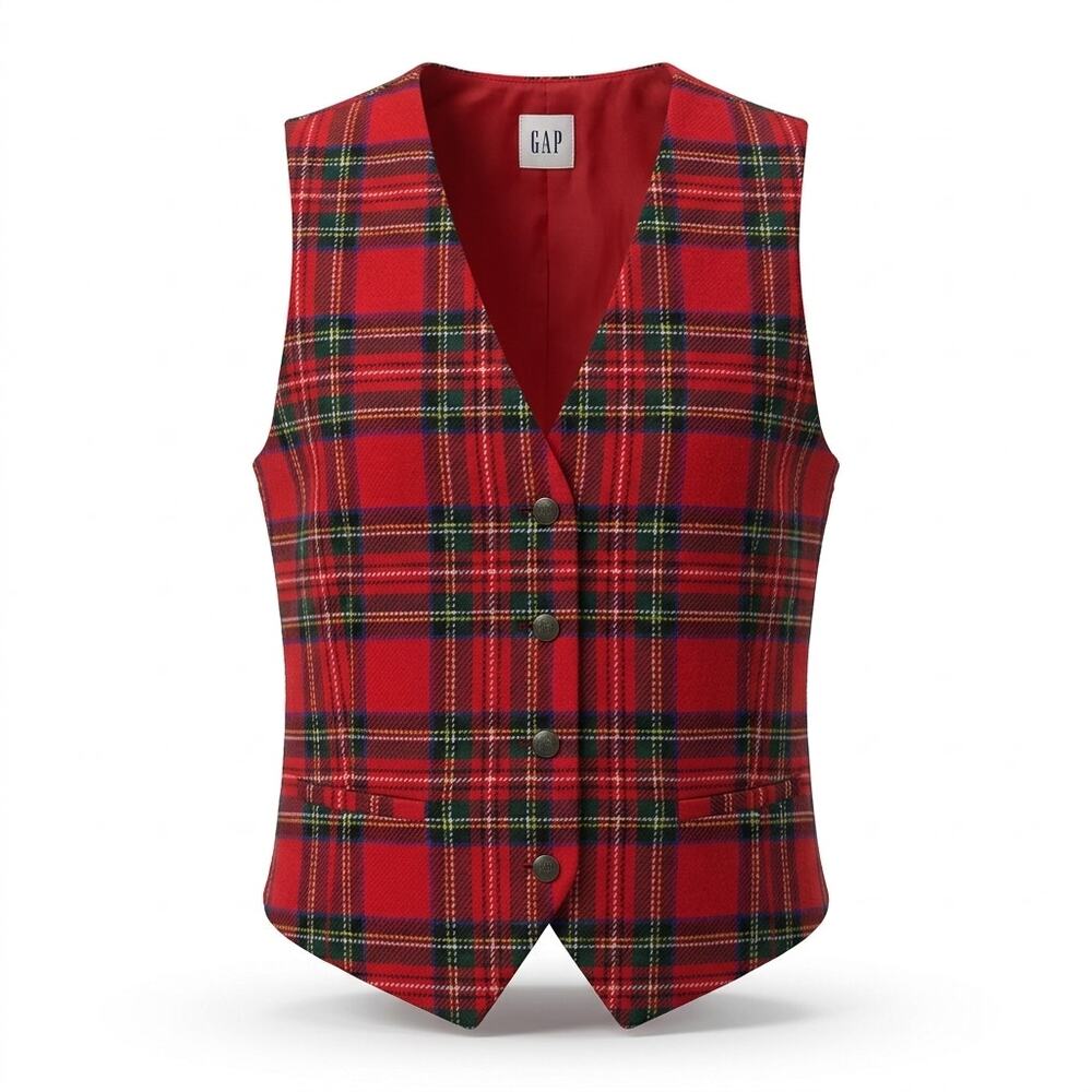 Gap Red Black Plaid Button Front Lined V-Neck Vest Jacket Women Size S